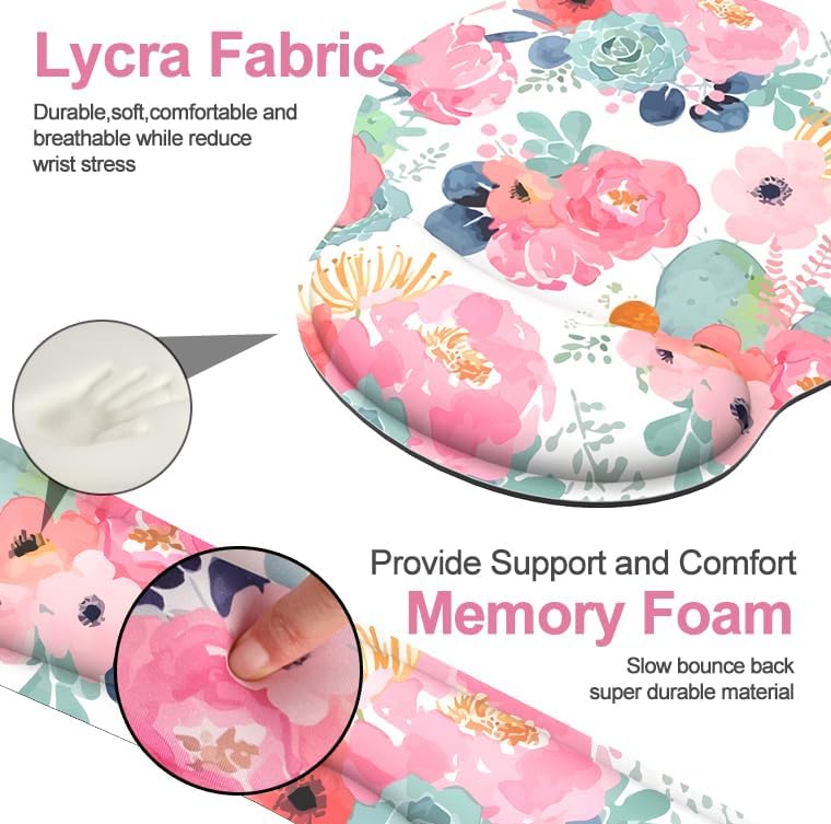 JIGOO Ergonomic Mouse Pad with Wrist Rest and Keyboard Wrist Rest, Mousepad and Wrist Rest for Computer Keyboard, Pain Relief, Non-Slip Rubber Base, Mouse Pad Wrist Support for Gaming, Office, Pink Flower - Image 3